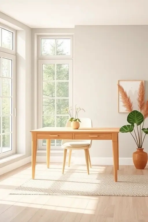 Nature’s Palette - A sleek, white desk becomes a canvas for earthy tones. Layer soft beige accessories, from notebooks to desk organizers, and introduce a striking snake plant to punctuate the scene. This design speaks to the beauty of balance, making it a delightful spot for both work and whimsy.