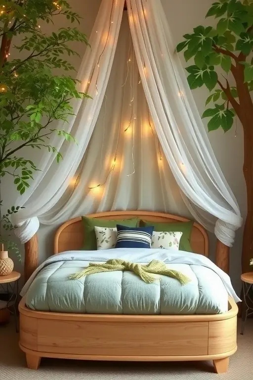 Forest Canopy Retreat - Bring the outdoors in with a canopy bed draped in lush greenery and soft fabrics. Decorate with botanical-print pillows and hang delicate fairy lights that mimic fireflies on a summer night. This design creates a tranquil forest escape, ideal for anyone looking to reconnect with nature from the comfort of their own home.