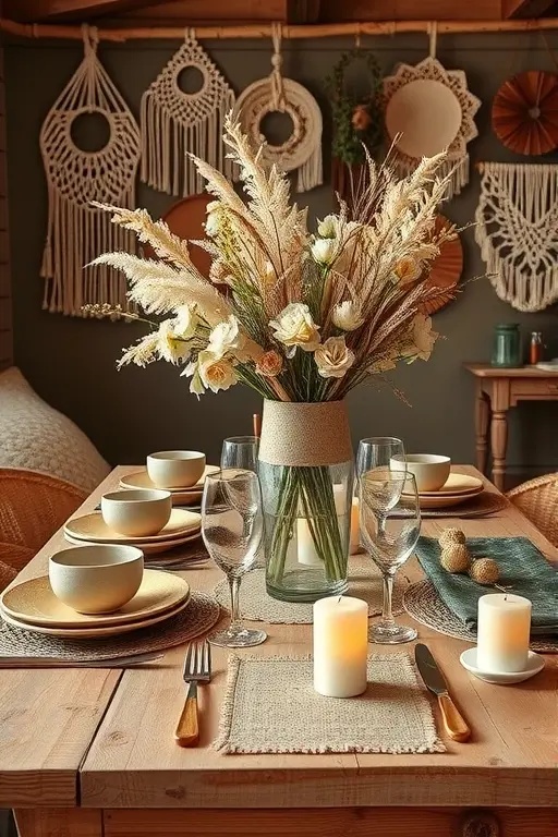 The Dinner Table Focus - Replace traditional centerpieces with a vertical macrame hanging above your dining table. Incorporate dried flowers like peonies or wheat, which add a subtle yet sophisticated touch. This idea transforms everyday dining into an elegant experience without the need for expensive tableware.
