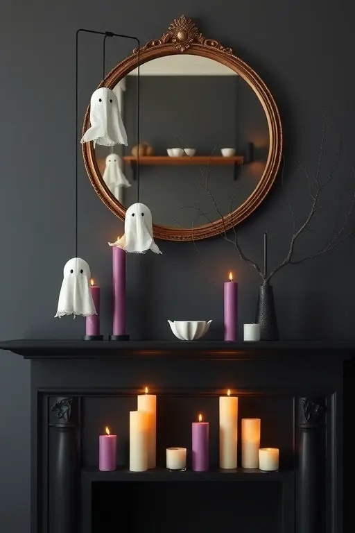Candlelit Specters - Introduce a series of minimalist black candle holders in varied heights. Use flickering LED candles to simulate a haunting glow while ensuring safety. Arrange them alongside small, geometric vases filled with white pumpkins for a clean yet seasonal touch.