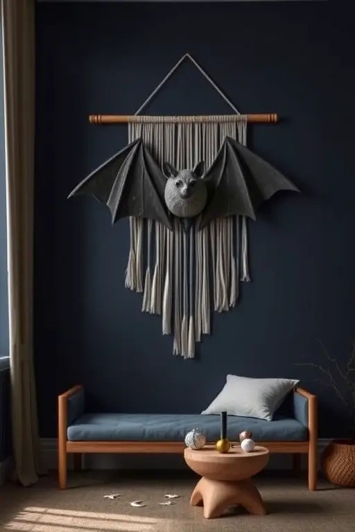 Nature's Nightfall - Embrace the great outdoors with a nature-inspired bat wall hanging. Using natural wood slices as a backdrop, attach charming bat silhouettes made from leaves or twigs. This eco-friendly decor not only showcases your love for nature but also invites the serene essence of the outdoors into your home.