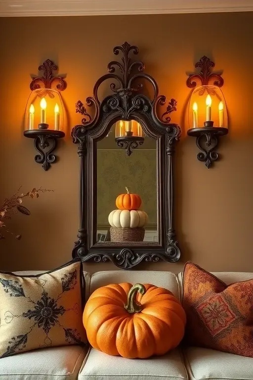 Wicked Whimsy: Pumpkin Spice Elegance - Celebrate fall with sconces that feature elegantly carved pumpkin motifs. These fixtures, painted in rich autumn hues, capture the warmth of the season while adding a hint of playful elegance to your decor. Place them in your dining room to create a cozy atmosphere perfect for gatherings.