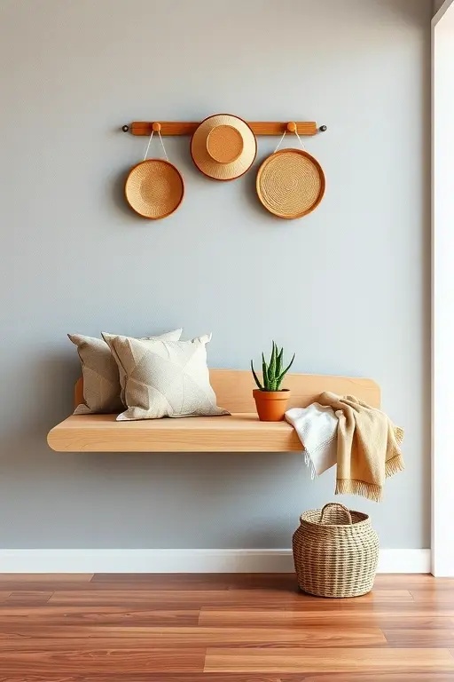 Floating Functionality - Forget bulky storage solutions. Opt for floating shelves above your bench. This minimalist approach provides ample space for decorative items, plants, and quick-access essentials while keeping the floor area open and airy, making your entryway feel expansive.