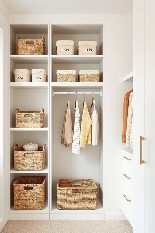 Bin Bliss: Storage with Soul - Choose bins that reflect simplicity and elegance. Woven textures or minimalist designs can add warmth to your closet, turning storage into an opportunity for serenity—each bin an invitation to keep chaos at bay.