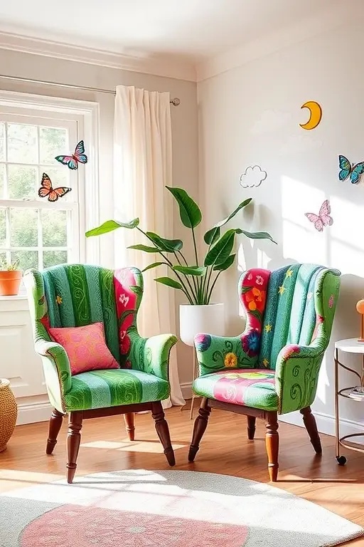 Whimsical Wonderland Chairs - Turn dining into an adventure with chairs that tell a story. Each chair features a unique theme—think whimsical woodland creatures, vibrant abstract patterns, and delightful quotes hand-painted on the seats. These playful pieces are designed to spark conversation and add a touch of magic to your dining experience.