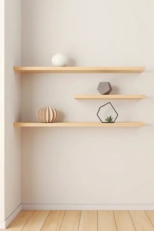 Geometric Harmony - Channel modern minimalism with angular, geometric floating shelves that echo the architectural lines of your room. Finished in a matte black or crisp white, these shelves create a striking visual statement, perfect for showcasing curated art pieces or monochrome decor that speaks to your sophisticated aesthetic.