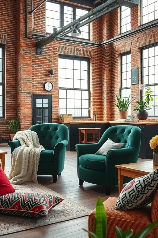 Industrial Chic Retreat - Pair a rugged leather vintage armchair with a chunky knitted throw in a bold cobalt blue. Place it against a backdrop of exposed brick and industrial fixtures, while geometric-patterned cushions add an unexpected twist, merging comfort with an edgy urban vibe that demands attention.