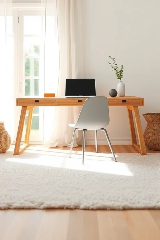 Soft Focus Station - Imagine a rustic desk, slightly distressed, paired with a cozy chair draped in a soft gray throw. Surround it with bright green ferns and warm accent lighting. This setup doesn’t just enhance productivity; it wraps you in a hug of comfort, allowing creativity to blossom amidst work tasks.