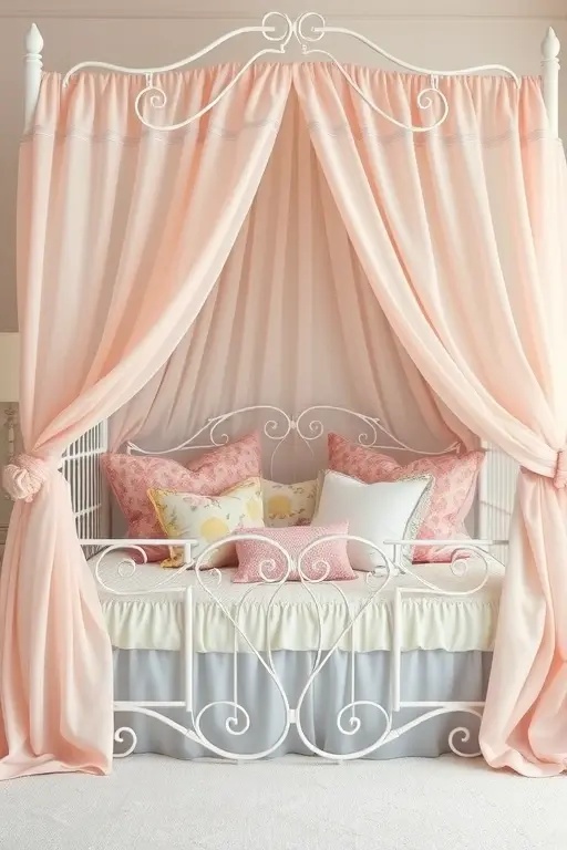 Vintage Glam - Channel old-world charm by adorning your canopy bed with vintage-inspired textiles and opulent pastel pillows. Incorporate antique star lights for a touch of nostalgia. This design juxtaposes whimsy with elegance, creating a space that feels both timeless and fresh, perfect for the modern romantic.
