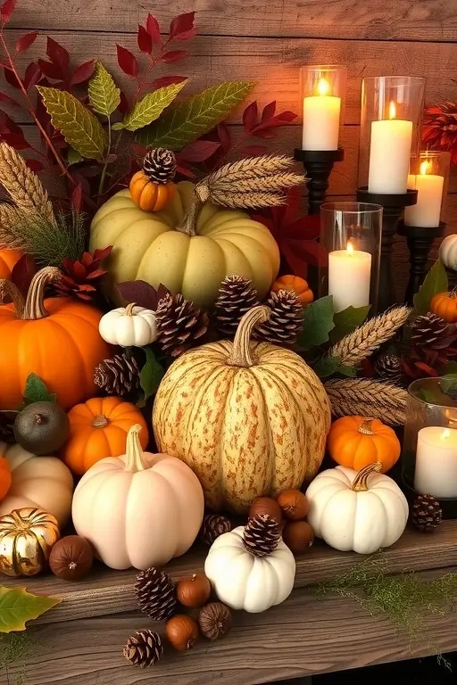 Nature's Bounty Arrangement - Incorporate natural elements beyond pumpkins by adding seasonal florals, pine branches, or dried leaves into your decor. Create a loose arrangement in a vintage vase or basket to keep it casual yet chic. This organic touch brings the beauty of fall indoors and showcases nature's palette.
