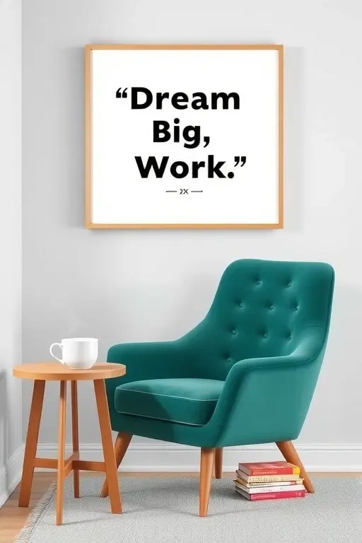 Inspirational Nook - Designate a reading nook with a comfy chair and a side table, bedecked with a minimalistic lamp. Surround this space with a few selected black-framed quotes that ignite motivation, inviting you to pause and rejuvenate amidst your work.