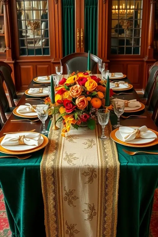 Textile Symphony - Layer table runners and placemats in a riot of textures and patterns—think plaid, paisley, and velvet. Incorporate touches of deep burgundy and rich gold to complement the orange accents. Allow these textiles to create a tapestry of comfort and luxury that beckons guests to linger over their meals long after the last slice of pie has been served.
