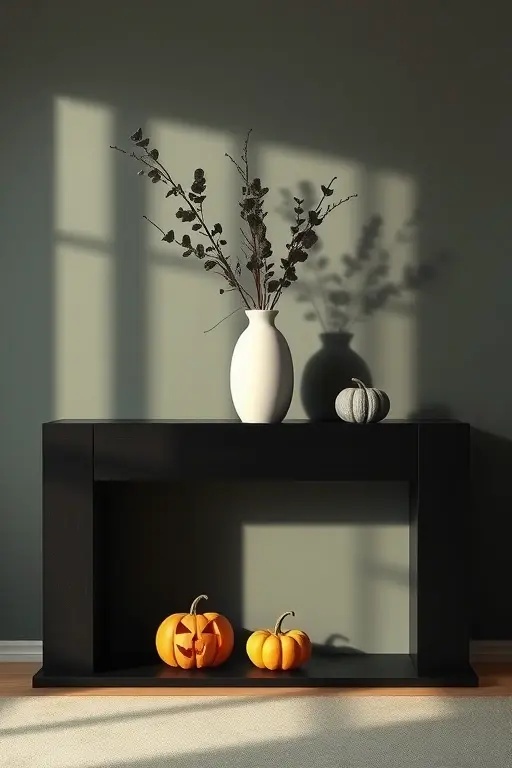Nature's Shadows - Gather branches from a local park, spray-paint them matte black, and arrange them asymmetrically against the wall above the mantel. Adorn them with hanging ornaments of translucent ghost shapes that sway gently, creating a captivating shadow play.