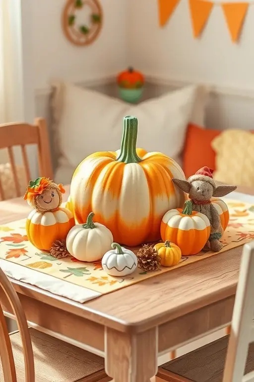 Harvest Table Centerpiece - Let your kids arrange a bountiful centerpiece with mini pumpkins, gourds, and autumn leaves. With a little help, they can create a vibrant display for their play table, bringing the essence of fall indoors.