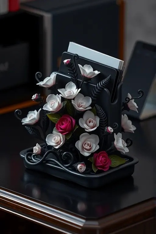 Phantom Floral Desk Organizer - This desk organizer features an artistic arrangement of faux flowers that seem to bloom from a vintage cauldron. The dark blooms are juxtaposed with hints of sparkling silver, creating an intriguing contrast that adds depth and warmth to your workspace.