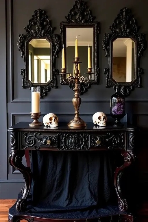 Gothic Glamour - Sprinkle some gothic flair with dark, ornate accessories—a raven figurine, an antique mirror, or a deep-hued vase. These pieces will add layers of intrigue and sophistication to your haunted tableau, creating an enchanting contrast against the warm pumpkins and soft candlelight.