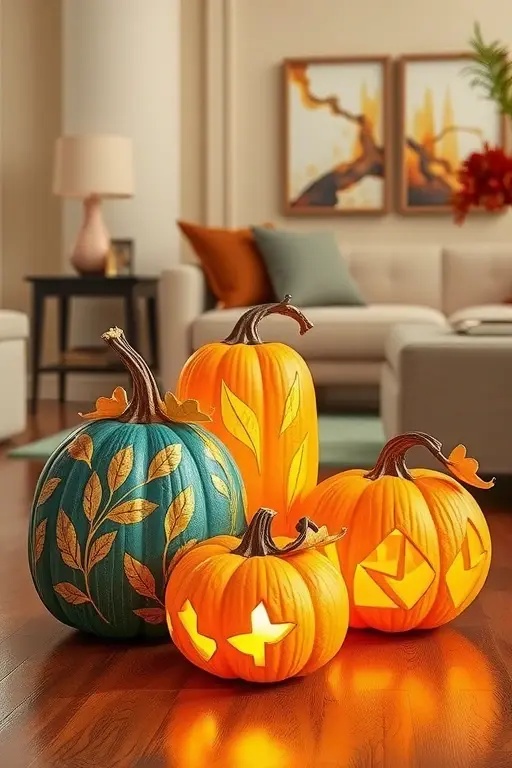 Artistic Pumpkin Lanterns - Elevate traditional pumpkin lanterns by painting them with metallic hues or intricate patterns. Place LED candles inside and arrange them along your mantel or window sill. These artistic pieces not only illuminate but also serve as stunning décor that reflects your unique style.
