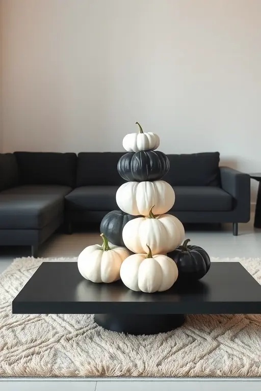 Illuminated Elegance - Consider embedding string lights or LED candles within your pumpkin stack or around its base. This touch of illumination transforms your design into an ethereal spectacle as twilight descends, casting enchanting shadows and highlighting the interplay of black and white in a delightful dance of light.