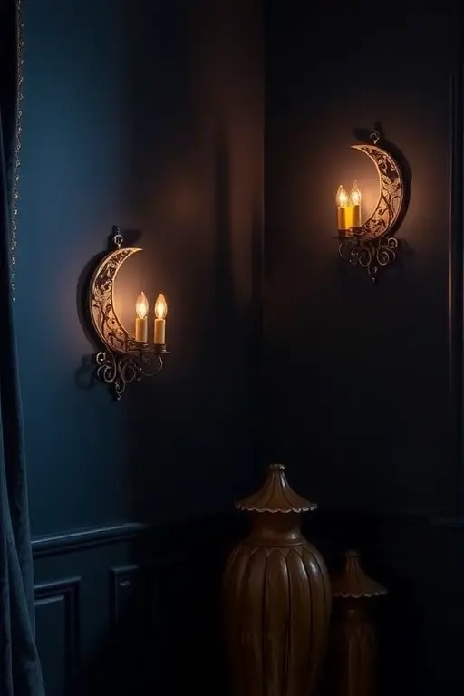 Moonlit Mystique: Crescent Moon sconces - Invoke the magic of a harvest moon with crescent moon-shaped sconces that softly illuminate your space. Finished in a glamorous metallic sheen, these fixtures cast playful shadows that dance across the walls, creating a dreamy, whimsical feel that’s ideal for bedrooms or quiet corners.