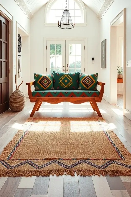 Underfoot Innovation - Swap the traditional rug for a striking floor decal or painted design beneath your bench. This bold choice adds visual interest and can serve as a practical guide for where to drop your shoes, making your mudroom both stylish and functional.