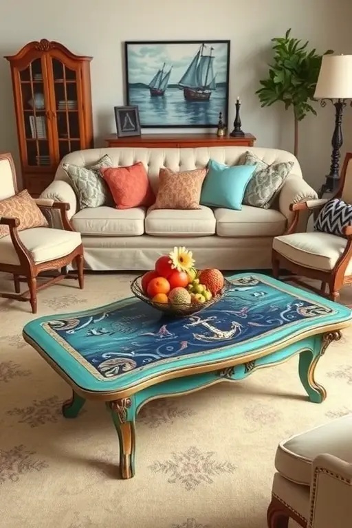 Vintage Voyage Coffee Table - Transport yourself back in time with this coffee table adorned with hand-painted vintage maps and travel stamps. Perfect for the wanderlust-filled soul, it invites you to reminisce about past adventures while dreaming of future explorations. It’s not just a table; it’s a portal to the world beyond your living room.
