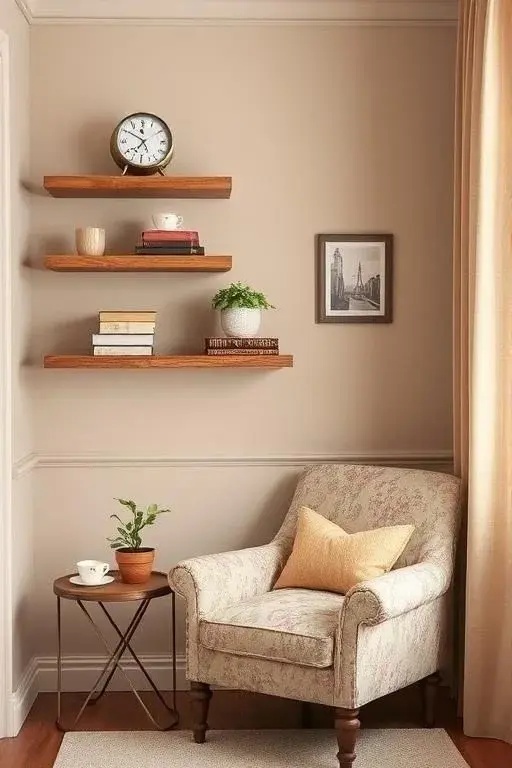 The Vintage Nook - Celebrate nostalgia with a collection of vintage-inspired floating shelves that evoke charm and character. Crafted from distressed wood or embellished with ornate brackets, these shelves tell a story. Display cherished antiques or beloved family photographs, transforming an ordinary corner into a sentimental haven.