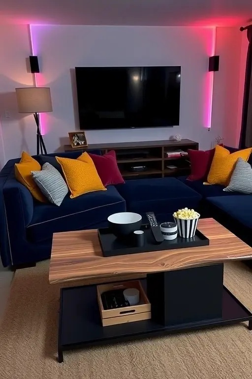 Chic Movie Night - Create the ultimate cinematic experience at home with a voice-controlled dimming scene. Lower the lights to deep hues while introducing a touch of soft teal for a modern twist. This cozy ambiance invites relaxation, making every movie night feel like a luxurious escape without the high cost of a theater.