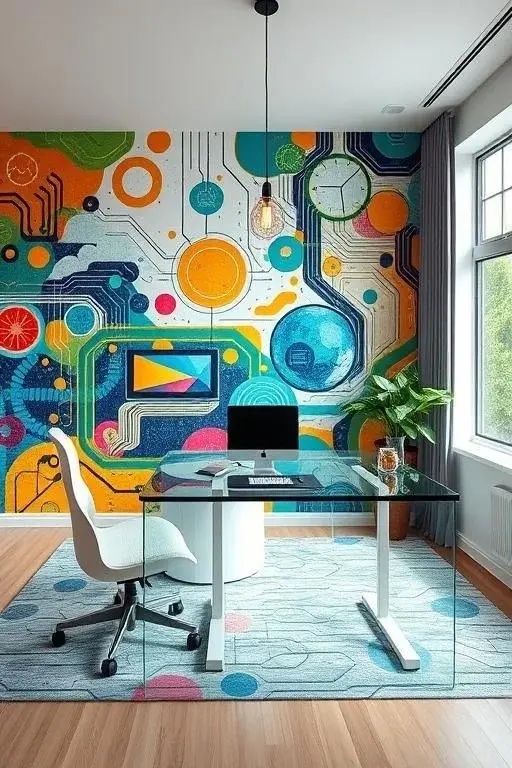 The Tech Tapestry - Merge function with flair by weaving technology into your décor. Consider a wall-mounted screen to showcase digital art or an interactive whiteboard for planning. Adorn the space with vibrant LED strips and quirky gadget holders—because who said tech can’t be stylish?