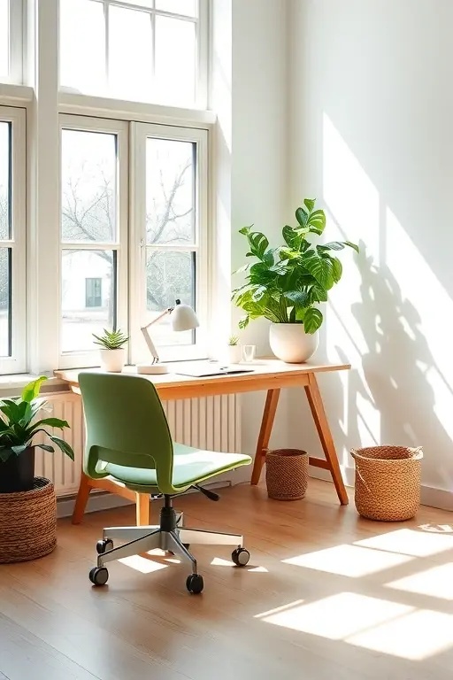 The Green Guardian - A desk that stands proudly against a backdrop of muted taupes features a collection of air plants in glass terrariums. With a warm wooden finish and a touch of gold in the decor, this space radiates vitality and style, reminding you of nature’s resilience while tackling your to-do list.