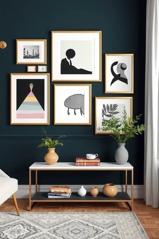 The Gallery Nook - Designate a cozy nook for your gallery wall, complete with a reading chair and warm lighting. Use black frames to create a border that draws the eye inward, while abstract prints transport you to a world of imagination and inspiration. Surround the space with soft textiles and plants, inviting you to bask in your artistic haven.