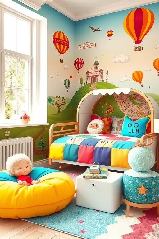 Joyful Journey - Design a whimsical rug-shaped like a winding road or a colorful map, inviting playtime adventures. This interactive element encourages exploration and creativity, allowing kids to embark on imaginative journeys right from their bedroom floor.