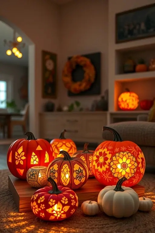 Pumpkin Mosaic Luminaries - Gather small pumpkins and carve out varying shapes and sizes to create a mosaic effect. Place colorful LED lights within, resulting in a striking display that dances with light. Perfect for walkways or entryways, these luminaries welcome guests with an artistic flair that celebrates the season.