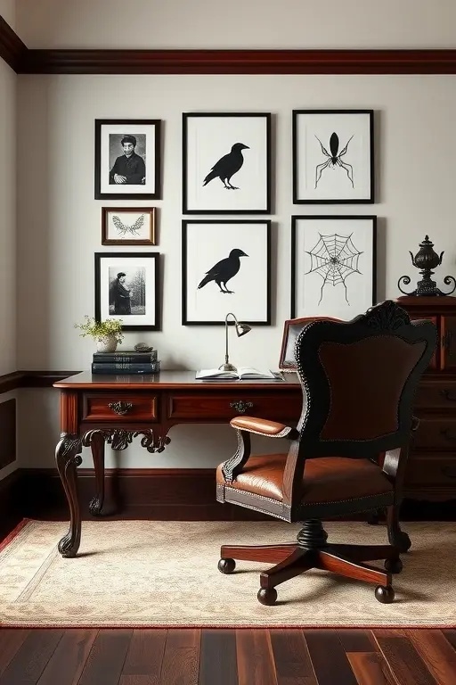 Timeless Tradition - Create a gallery wall featuring vintage-inspired prints that celebrate Halloween folklore and traditions. The rustic charm of these pieces adds depth to your decor, fostering a sense of continuity and belonging. This design honors the past while embracing the present, making your home a timeless sanctuary.