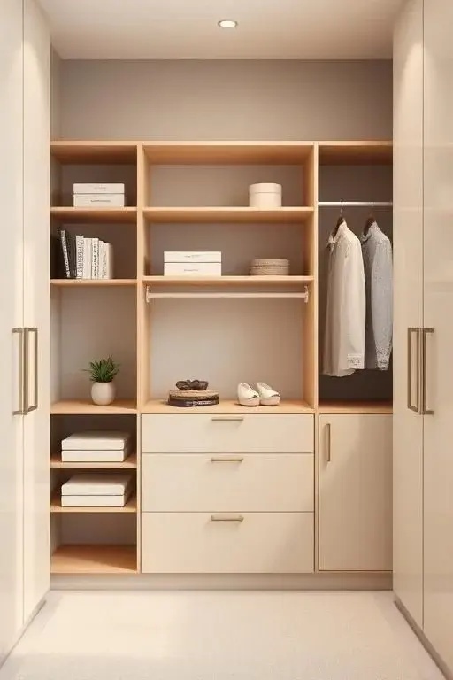 Flowing Functionality: Smart Organization - Incorporate smart organization tools like tiered shelves or drawer dividers that not only optimize space but encourage ease of access. The soothing flow of functionality fosters a sense of empowerment, making getting dressed a delightful ritual.