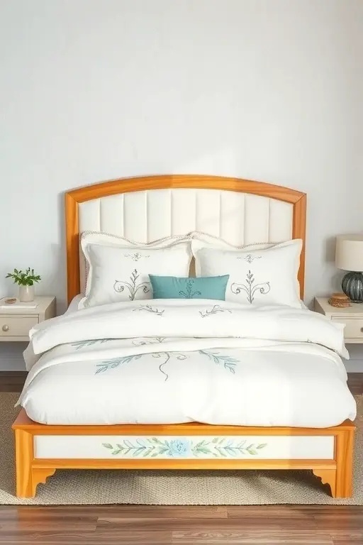 Serene Sanctuary Bed Frame - Elevate your bedroom with a hand-painted bed frame that radiates tranquility. Soft, pastel colors blend seamlessly into soothing floral motifs, creating an oasis of calm. This piece transforms your sleeping space into a serene retreat, encouraging relaxation and peaceful dreams as you drift off to sleep.