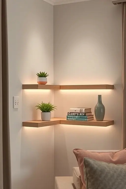 Illuminated Serenity - Merge functionality with mood-enhancing ambiance through floating shelves that incorporate integrated lighting. Imagine a soft glow highlighting your favorite books and decorative items, creating a cozy reading nook. This design not only maximizes space but also sets the mood, making every small room feel inviting and serene.