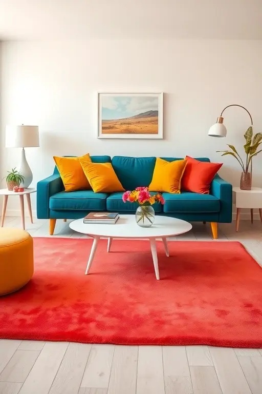 The Colorful Contrast - Who says neutral has to be boring? Embrace the power of contrast with low furniture in soft beige and cream, accented by bold, colorful cushions and throws. Introduce a statement coffee table in a striking hue to draw the eye. This balance of subtlety and vibrance creates an energizing atmosphere that feels both playful and sophisticated—perfect for lounging or entertaining!