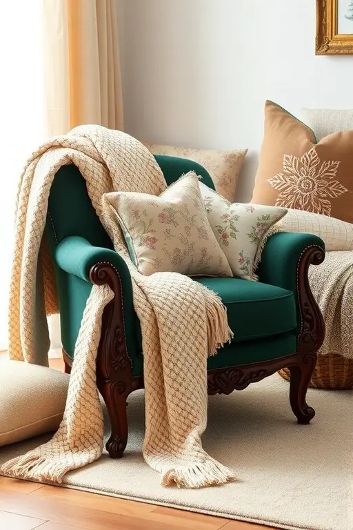 The Timeless Elegance - Embrace classic sophistication with a finely crafted vintage armchair, upholstered in rich brocade. Drape a soft, hand-knit throw in a soft blush hue across the back, and add cushions in varied textures and patterns—each telling its own story, yet harmonizing in a beautiful display of timeless elegance.