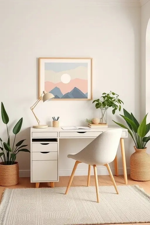 Playful Harmony - Mixing colors and textures, this design features a sleek black desk set against soft beige walls. Add quirky green succulents in mismatched pots and a splash of personality through art pieces. Here, every detail invites joy and creativity, making every workday feel like a playful adventure.