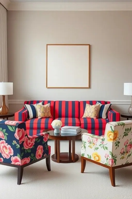 Bold Stripes and Delicate Florals: A Love Affair - Layer bold striped upholstery on a statement chair alongside delicate floral patterns on throw pillows. This playful combination challenges traditional design norms, creating a dialogue between boldness and fragility that captivates the eye and heart.
