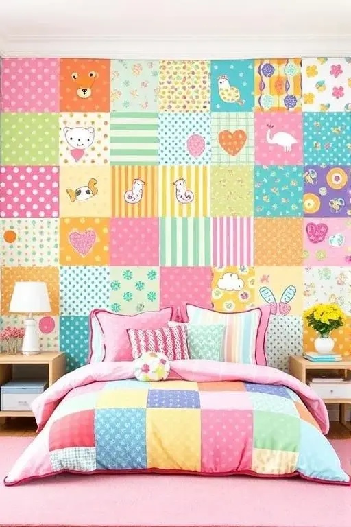 The Patchwork Quilt - Channel your inner crafter by painting a mural that mimics a patchwork quilt. Using a mix of bold colors and playful patterns, this design honors the art of handmade textiles, creating a cozy atmosphere reminiscent of grandma's living room—perfect for family gatherings.