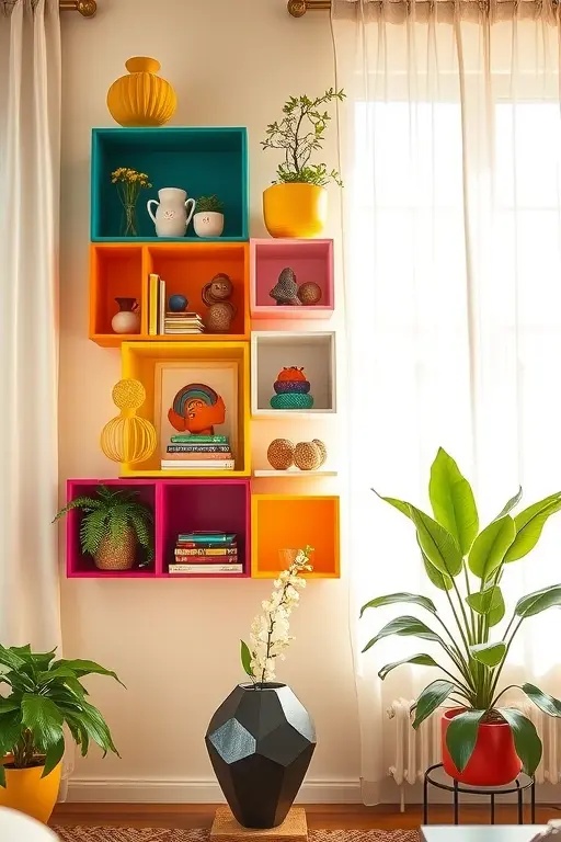 Colorful Chaos - Embrace the unexpected with a riot of color. Use asymmetry to your advantage by grouping colorful items in a way that feels spontaneous. A bright vase here, a bold book there—let your shelves reflect your vibrant personality. This arrangement is a celebration of joy that brings a sense of fun into any room.