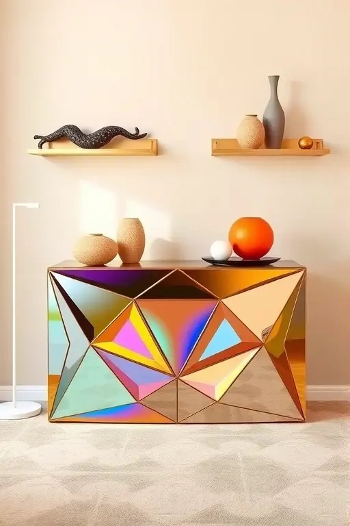 The Kaleidoscope Console - A vibrant console table embellished with a mosaic of reclaimed materials, The Kaleidoscope Console serves as a stunning statement piece. Its eclectic design sparks conversation and brings a burst of personality to entryways or living rooms, reflecting the diverse stories of your life.