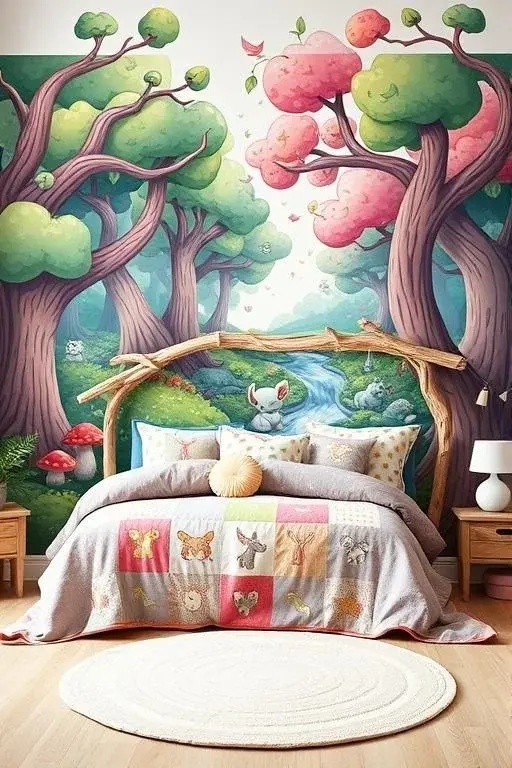 The Storybook Forest - Take a page from your favorite children’s book and paint a whimsical forest scene. Imagine towering trees, curious critters, and hidden paths that ignite the imagination. This mural is not just art; it’s an invitation to adventure, making it perfect for playrooms or cozy reading nooks.