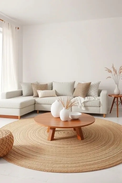 Woven Harmony - Bring in woven textures with natural fibers like rattan or jute. Picture a sandy beige palette featuring a layered jute rug, rattan wall hangings, and soft linens. This combination creates a charming, organic flow that feels effortlessly inviting.