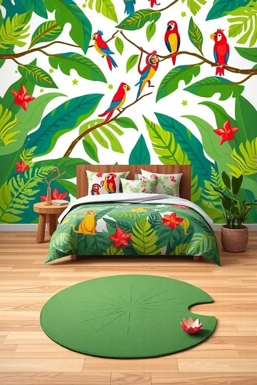 Urban Jungle Rhythms - Combine the charm of urban life with nature’s flair. This mural features graffiti-style jungle motifs with vibrant, oversized tropical leaves and playful animals peeking through. It’s a celebration of life in the city, reminding us of the beauty that can thrive even in the smallest spaces.