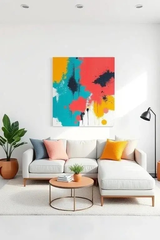 The Color Pop Panel - Add vibrancy with a single large canvas that showcases a bold abstract design. This energetic piece not only serves as a visual anchor but also infuses your home with life, encouraging you to experiment with complementary accessories that echo its colors.