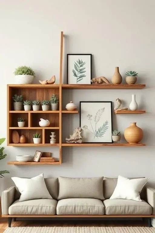 Natural Elements - Integrate nature into your shelving with asymmetrical arrangements of greenery, stones, and driftwood. This connection to the outdoors creates a calming atmosphere and softens your space. Let your shelves breathe life, making your home feel like a serene retreat, even in the busiest of cityscapes.