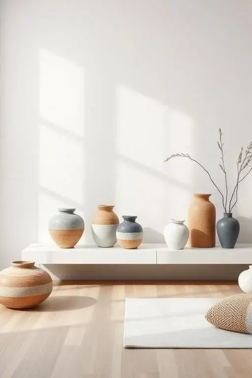 Ceramic Symphony - Opt for a monochrome ceramic display featuring varying finishes: matte, glossy, and textured. Choose a single color—perhaps a soothing sage or crisp white. Arrange the pieces in clusters to create visual intrigue without straying from your palette.