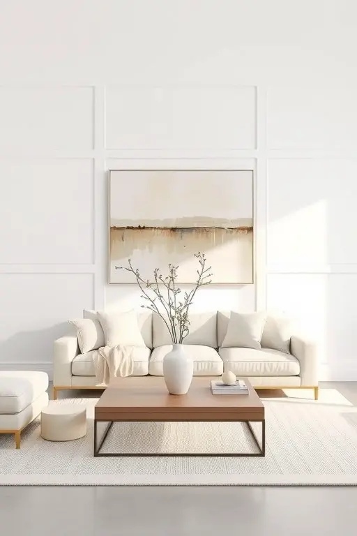 The Functional Gallery - Curate a 'Functional Gallery' by selecting artwork and décor that adhere to a clean aesthetic. Choose large, unframed canvases or minimalistic sculptures that complement the simplicity of your space while adding personal flair without chaos.